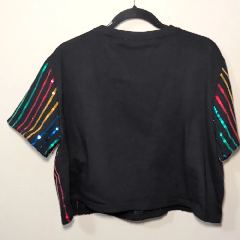 Mainstrip Black Rainbow Sequin Stripe Short Set Cropped Top Women's Size L - Picture 7 of 7